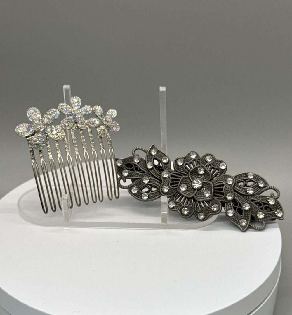 Vtg Decorative Daisy Hair Comb & Floral Rhinestone Hair Clip Lot Wedding Bridal